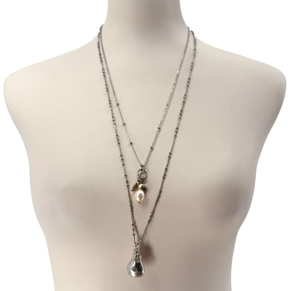 J. Jill Layered Necklace Silver Gold Pear Charm Beaded Rhinestone Adjustable NWT - Picture 6 of 13